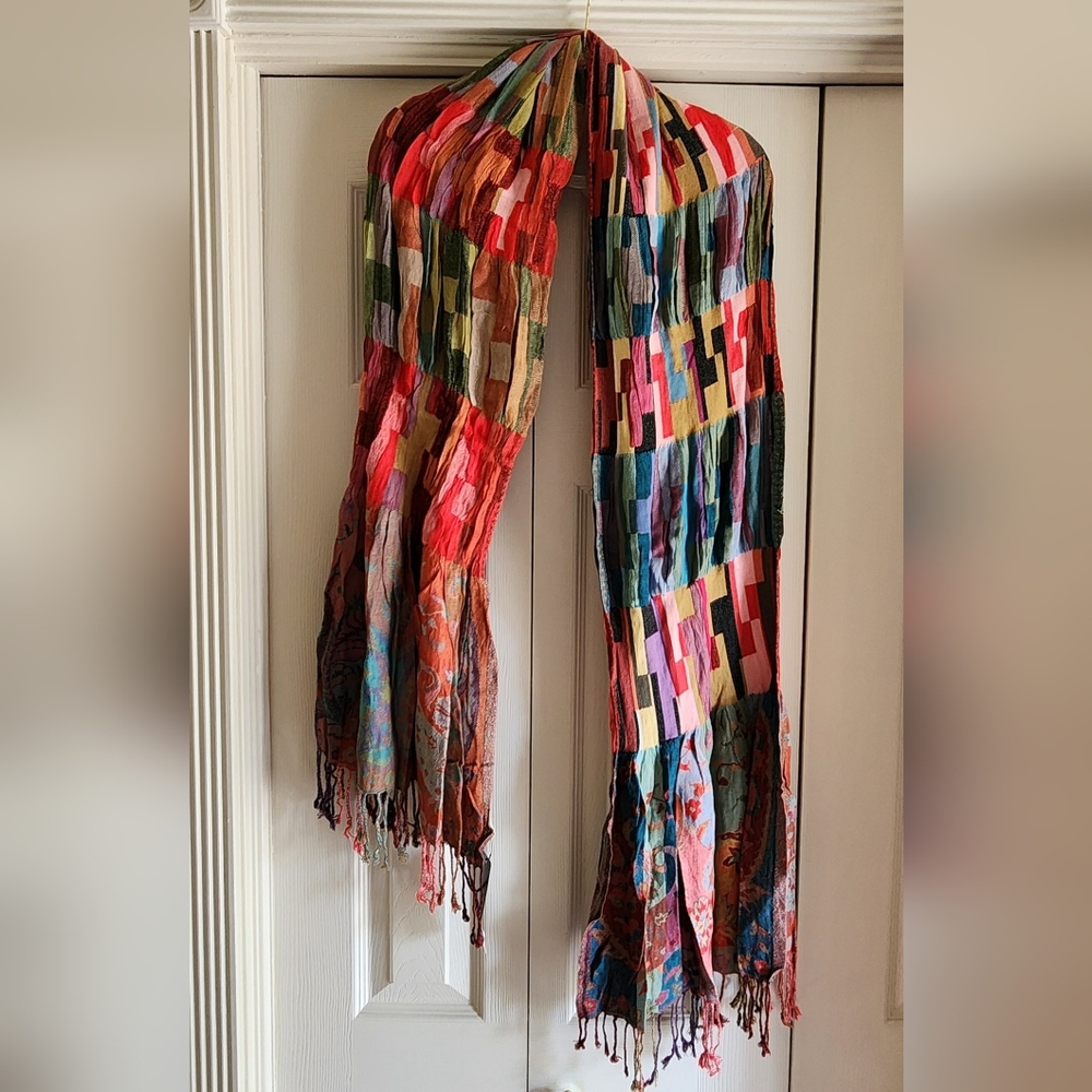 NWT Wrapsody In Hues Long  Scarf Viscose Fringe Boho Maximalist Hippie Festival